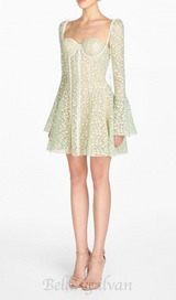 TERESA TRUMPET SLEEVE LACE EMBROIDERY MINI DRESS IN GREEN