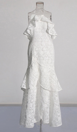 LYNN GARDENIA GUIPURE LACE RUFFLE GOWN IN WHITE