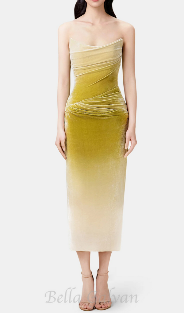 ruched velvet strapless midi dress in green gradient