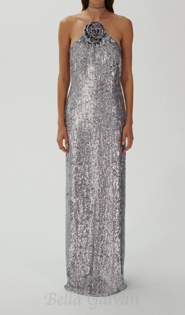 WINIFRED FLORAL-APPLIQUÉ SEQUIN MAXI DRESS SILVER