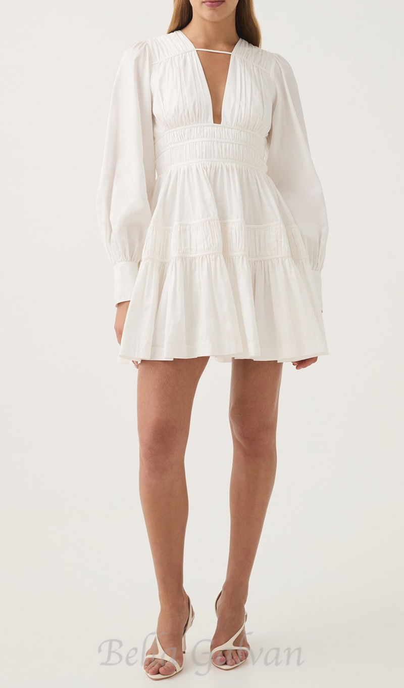 VALERIE FALLINGWATER RUCHED MINI DRESS IN WHITE