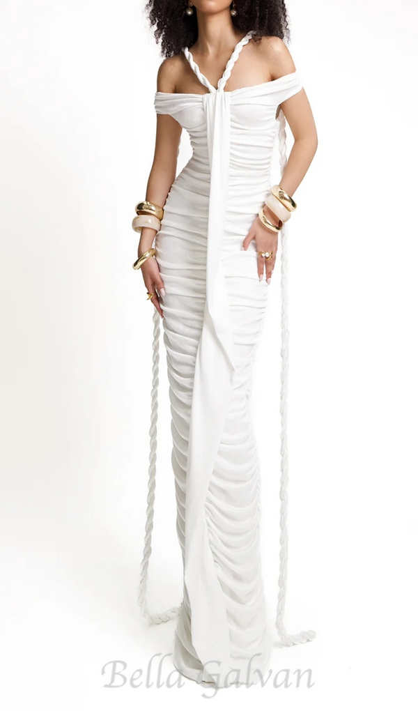 cara white off-shoulder ruched bodycon maxi dress with rope embellished