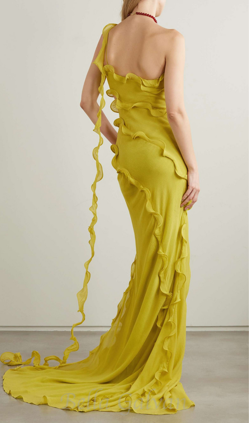 TABITHA YELLOW ONE-SHOULDER ASYMMETRIC CUTOUT GOWN