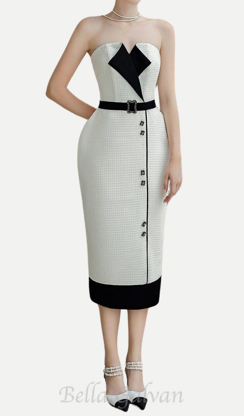 Regina Pegged Semi-Heart Neck Tweed Midi Dress