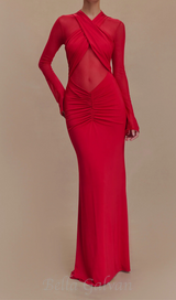 Slinky Mesh Long Sleeve Maxi Dress in Ruby