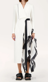 Asymmetric pleated ruffle trim blazer dress in white