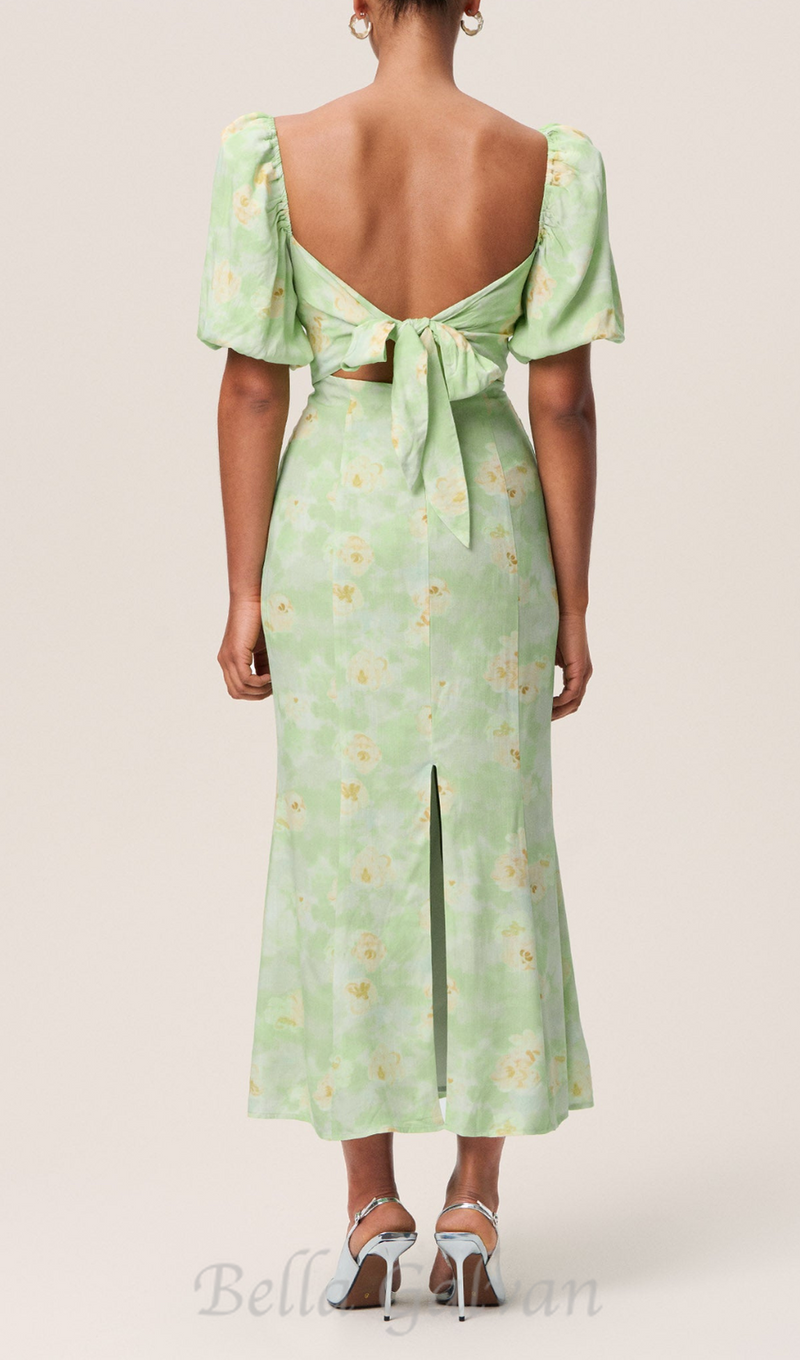 puff sleeve floral square neckline midi dress in green