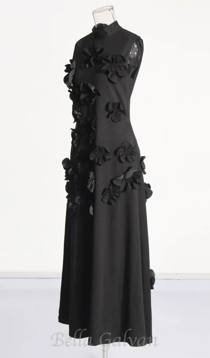 ANNONA BLACK FLOWER EMBELLISHED MAXI DRESS