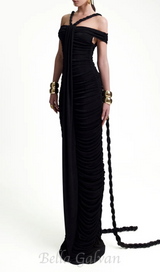 cara black off-shoulder ruched bodycon maxi dress with rope embellished