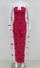 FEATHER BANDAGE MAXI DRESS IN ROSE RED