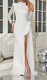 YVETTE PEARL EMBELLISHED SEQUIN MAXI DRESS IN WHITE