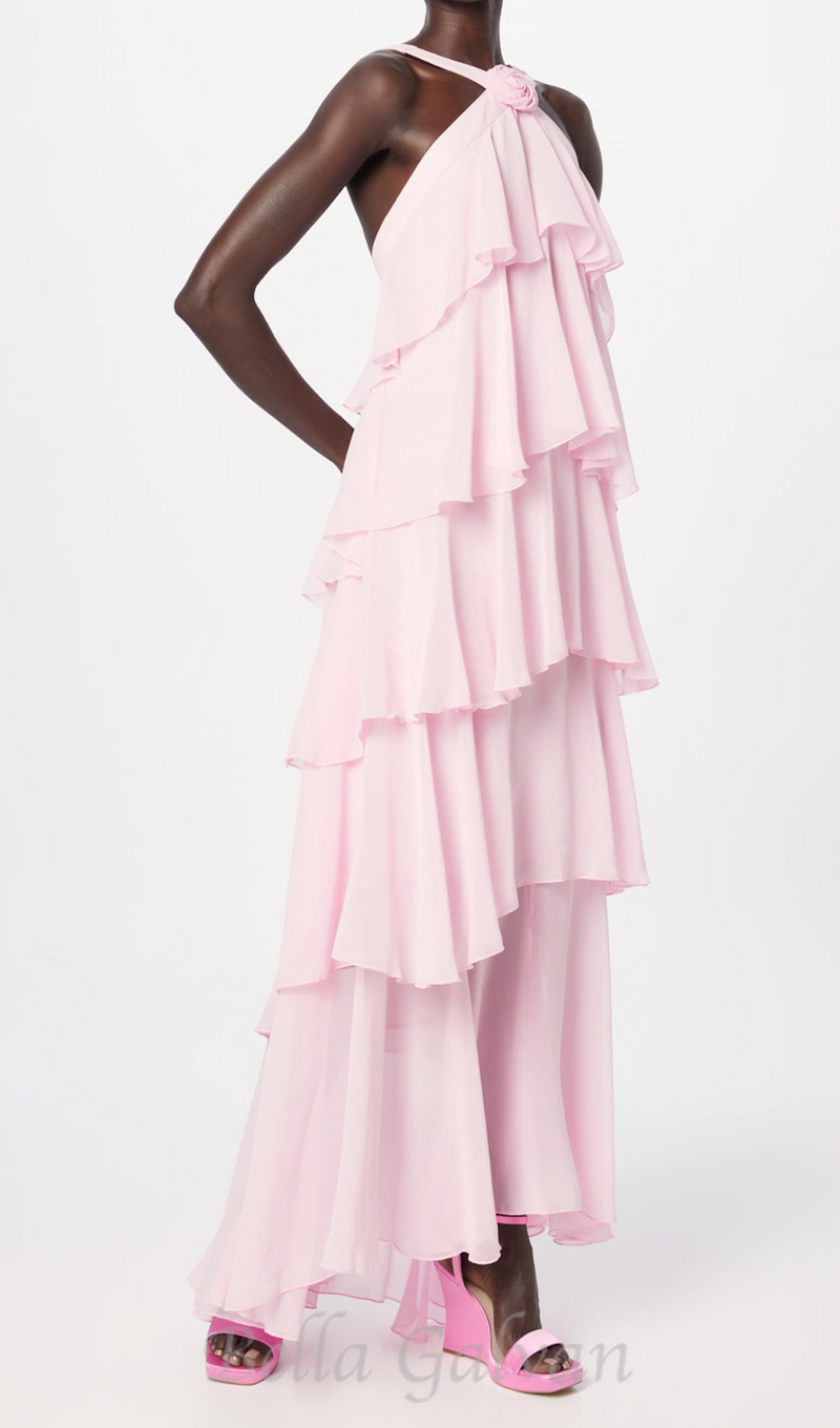 layer-embellished Neckholder maxi dress in pink