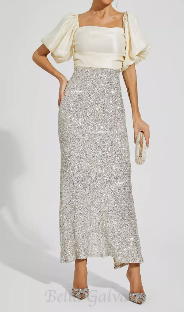 MARIA APRICOT BOW SEQUINS EMBELLISHED MAXI DRESS