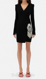 crystal draped embellished black mini dress