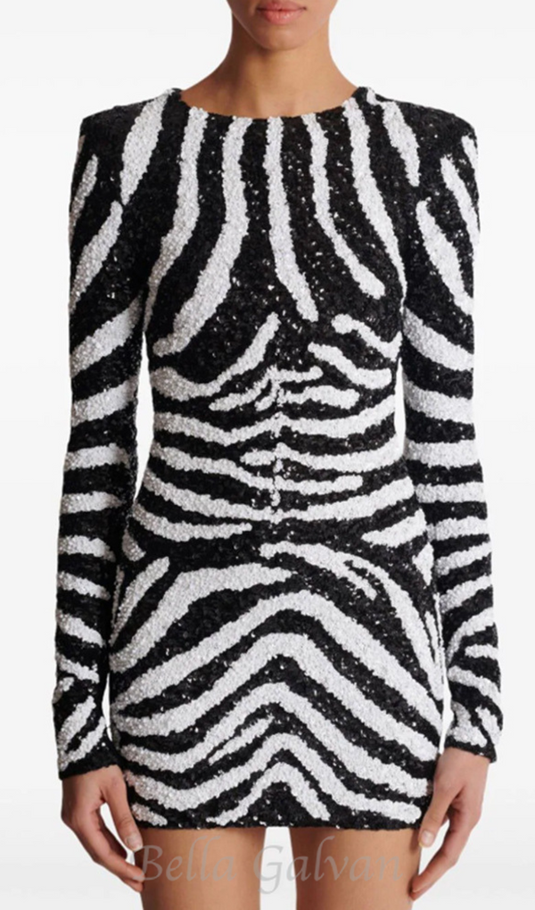 Short two-tone zebra sequin mini dress