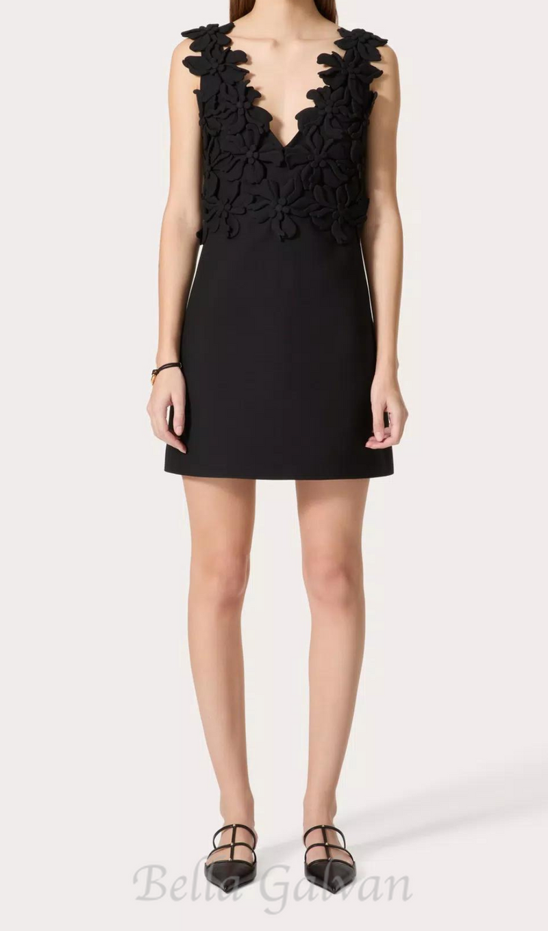 DOREEN EMBROIDERED CREPE COUTURE MINI DRESS IN BLACK