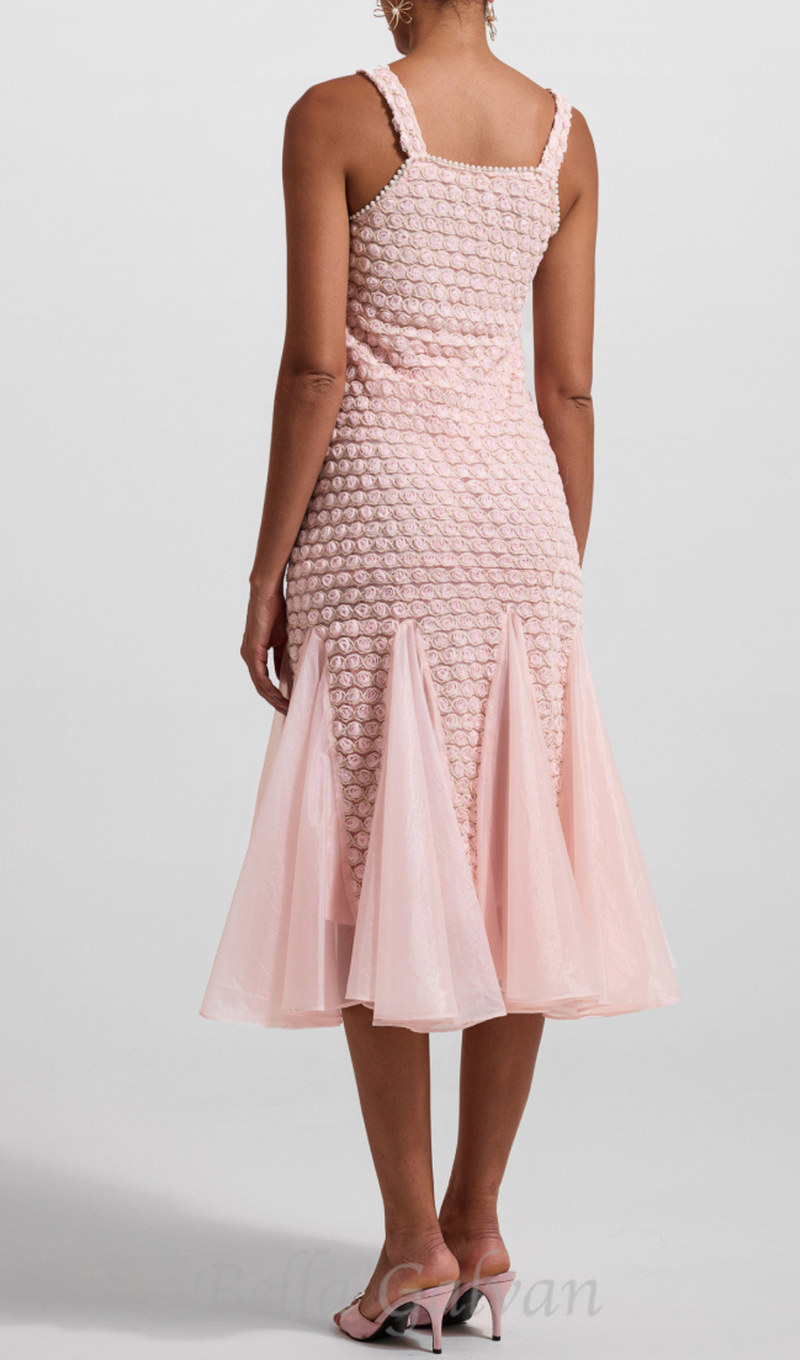 SYLVIA PINK EMBROIDERED SPLICING SLEEVELESS MIDI DRESS