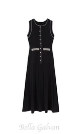 SALOME BEADED TRIM SLEEVELESS KNIT BLACK MIDI DRESS