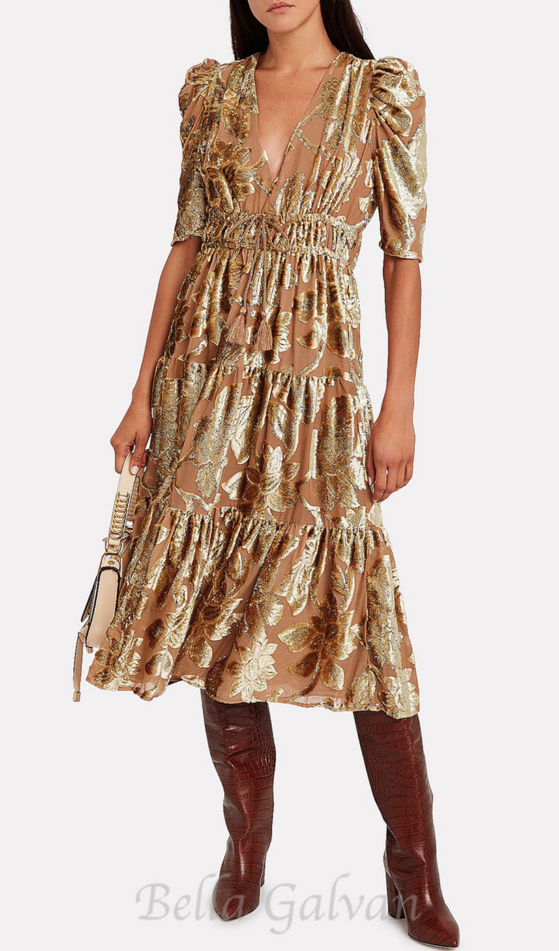 loretta metallic devoré gold midi dress