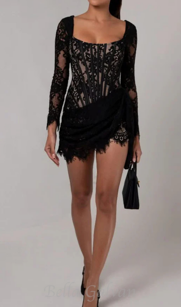 long sleeve lace corset draped mini dress in black