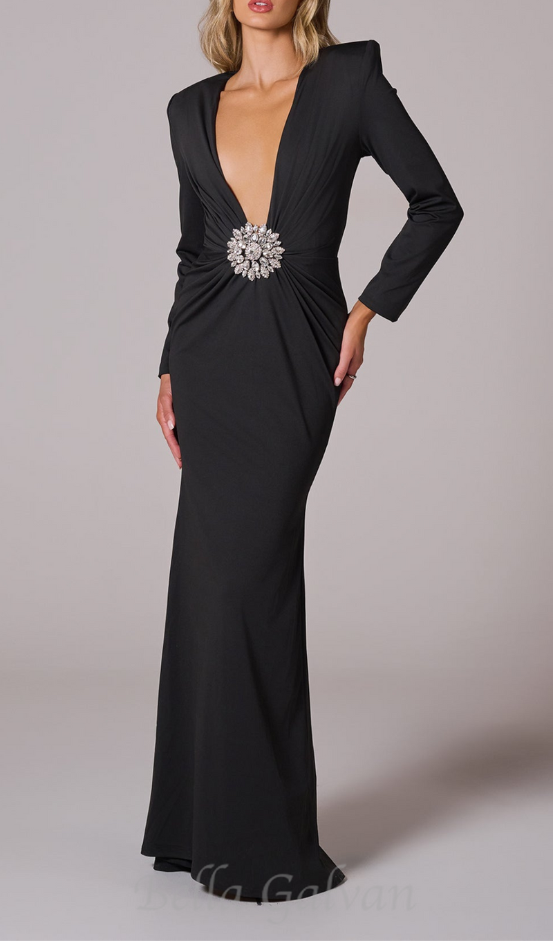 BERNICE LONG SLEEVE DRAPED EMBELLISHED MAXI DRESS IN BLACK