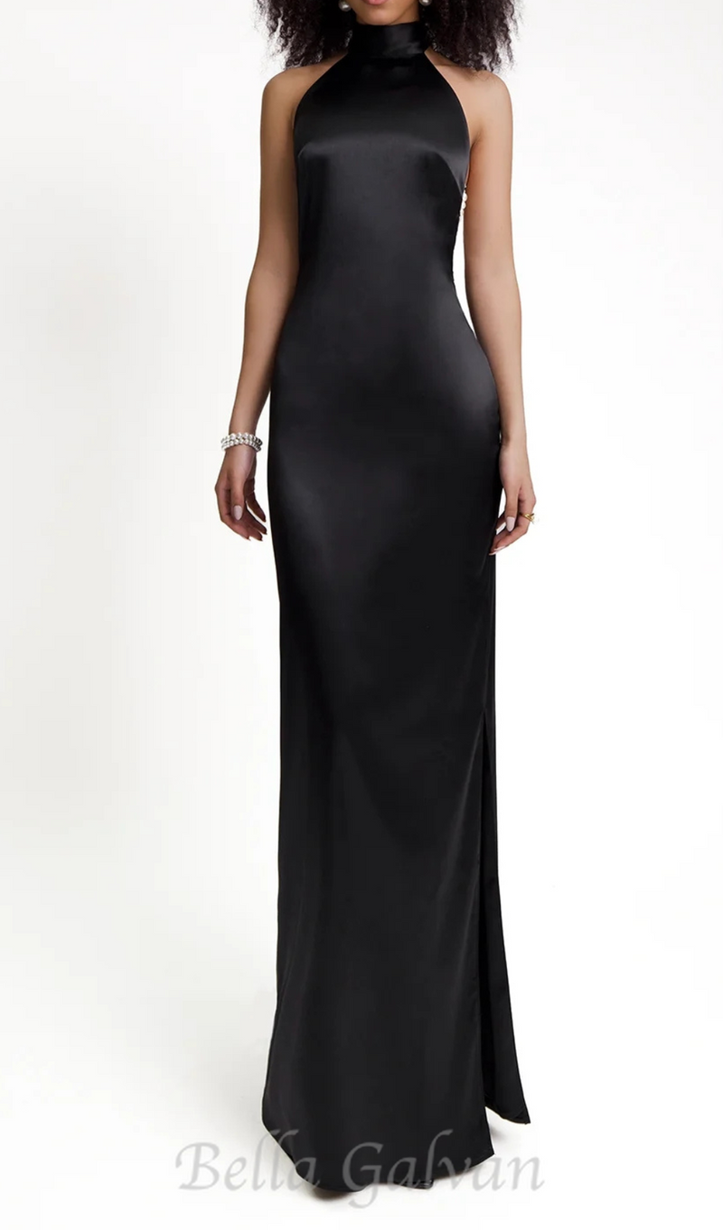 MIGNON SATIN BELT BACKLESS PEARL EMBELLISHED MAXI DRESS IN BLACK