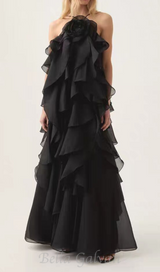 halterneck flounced maxi dress in black