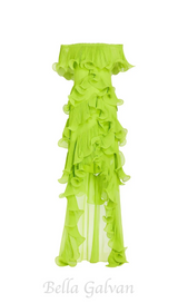 DORA GREEN OFF-SHOULDER PLEATED ORGANZA MAXI DRESS