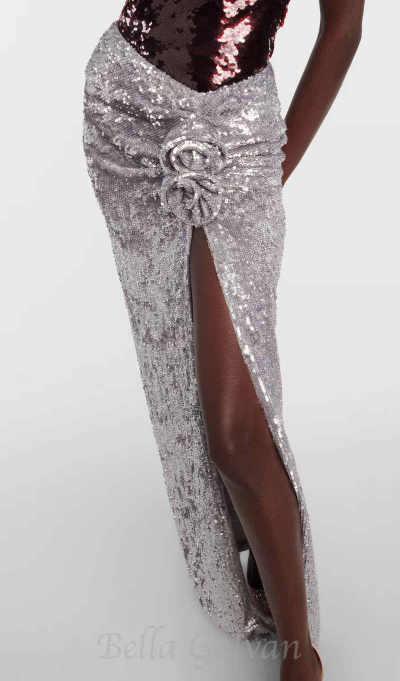 ELVIRA FLORAL-APPLIQUÉ SEQUINED MAXI SKIRT IN SLIVER