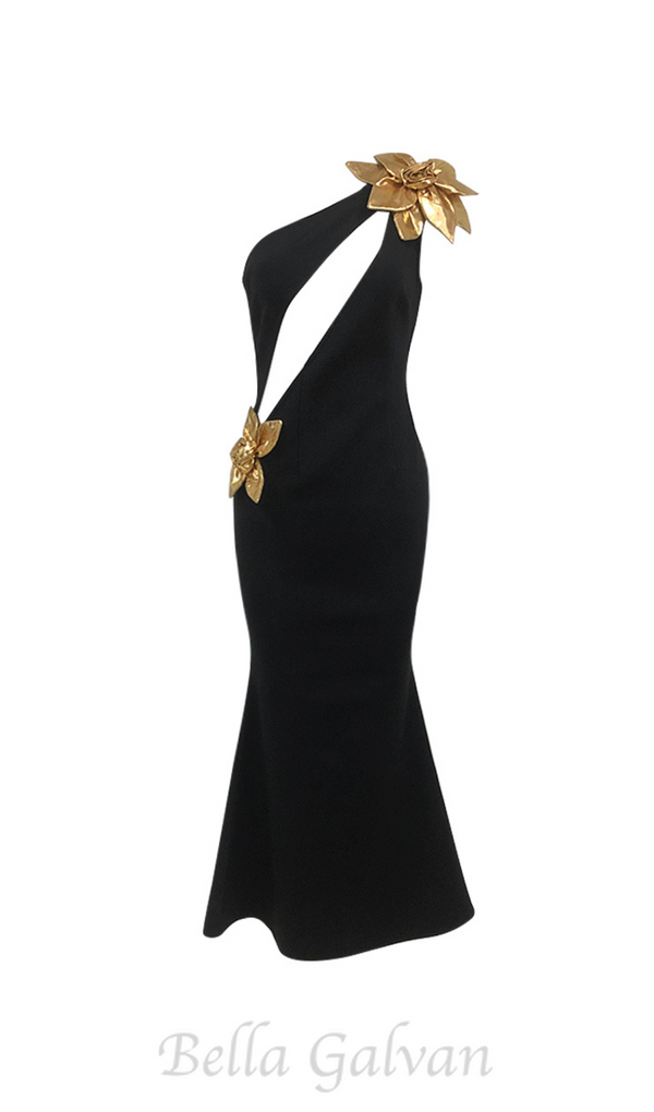 EUNICE GOLD 3D FLOWER CUT OUT BLACK MAXI DRESS