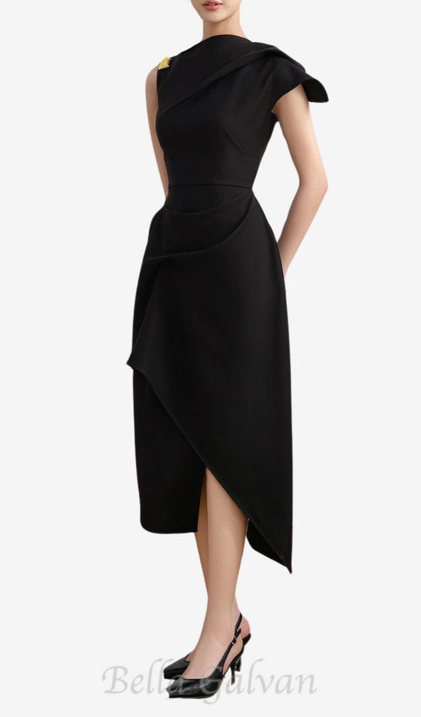 Calla Black Asymmetric Front Slit Twill Midi Dress