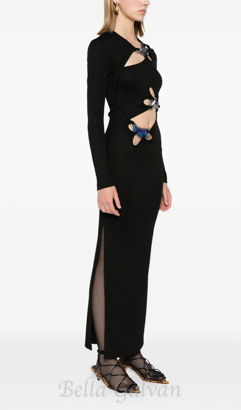 SALLY BLACK LONG SLEEVE CUT-OUT RIBBED MAXI DRESS