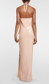 ADELAIDE ROSETTE HALTER SEQUINED GOWN IN CHAMPAGNE