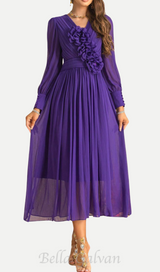 three-dimensional flower v-neck purple chiffon maxi dress