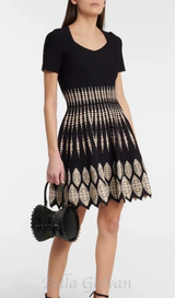 ELEANORE BLACK GEOMETRIC JACQUARD FLARE MINI DRESS