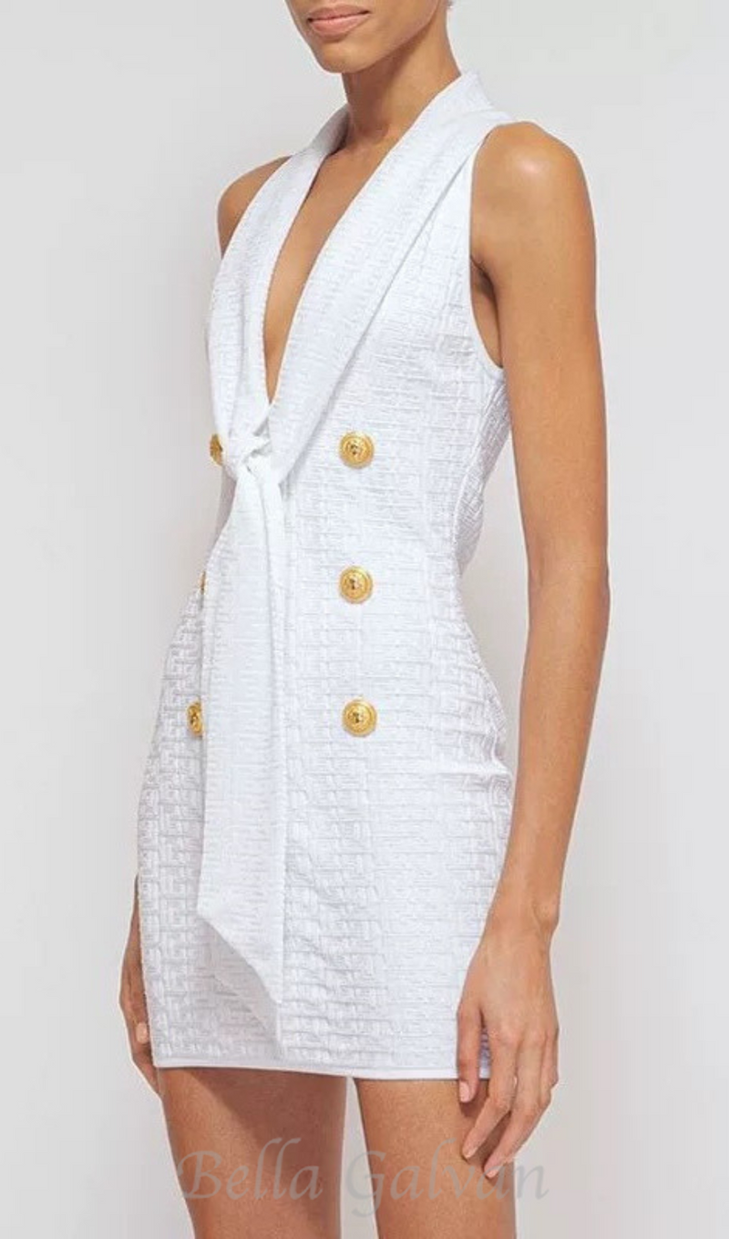 EVELYN JACQUARD MONOGRAM SHAWL-COLLAR MINI DRESS IN WHITE