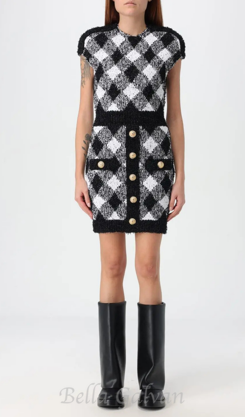 button-embellished plaid texture mini dress