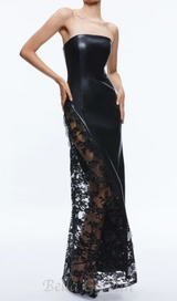 Retha Faux Leather Lace Maxi Dress in black