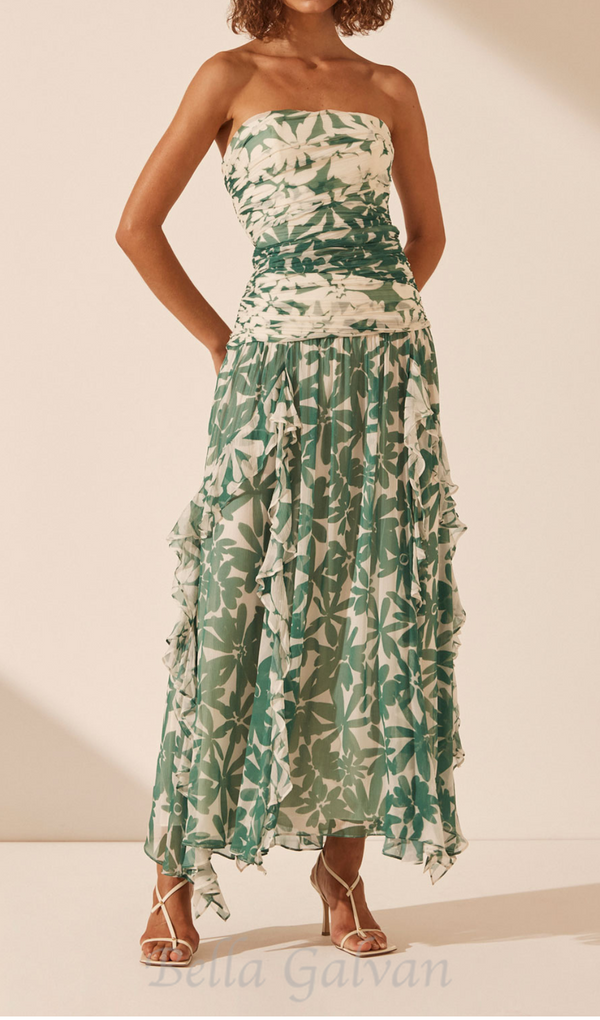 PRINT STRAPLESS CONTRAST MAXI DRESS IN GREEN