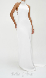 MIGNON SATIN BELT BACKLESS PEARL EMBELLISHED MAXI DRESS IN WHITE