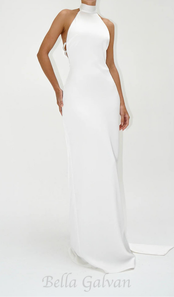 MIGNON SATIN BELT BACKLESS PEARL EMBELLISHED MAXI DRESS IN WHITE