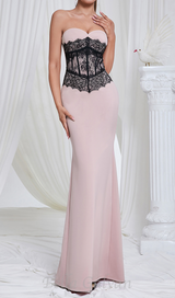 Strapless black Lace Corset Maxi Dress in pink