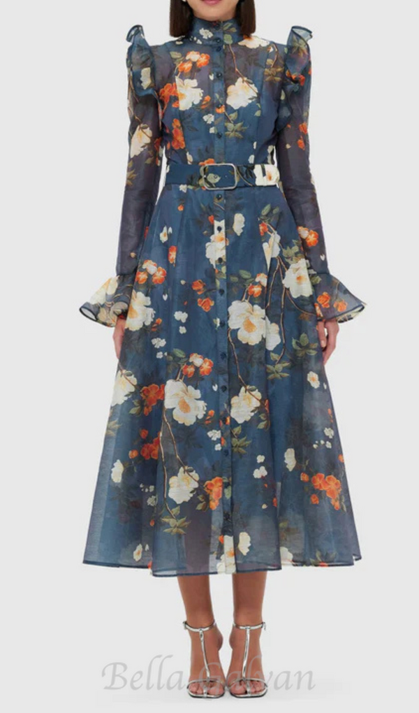 Pear Blossom Print Butterfly Sleeve Midi Dress