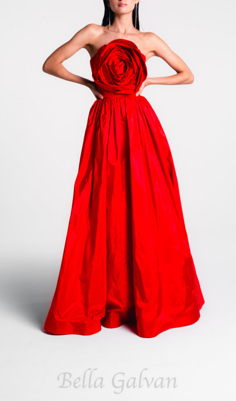 OFF-SHOULDER 3D FLOWER CHIFFON MAXI DRESS IN RED