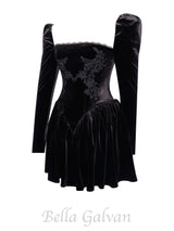 Yolanda Black Velvet Long Sleeve Mini Dress with Lace Trim