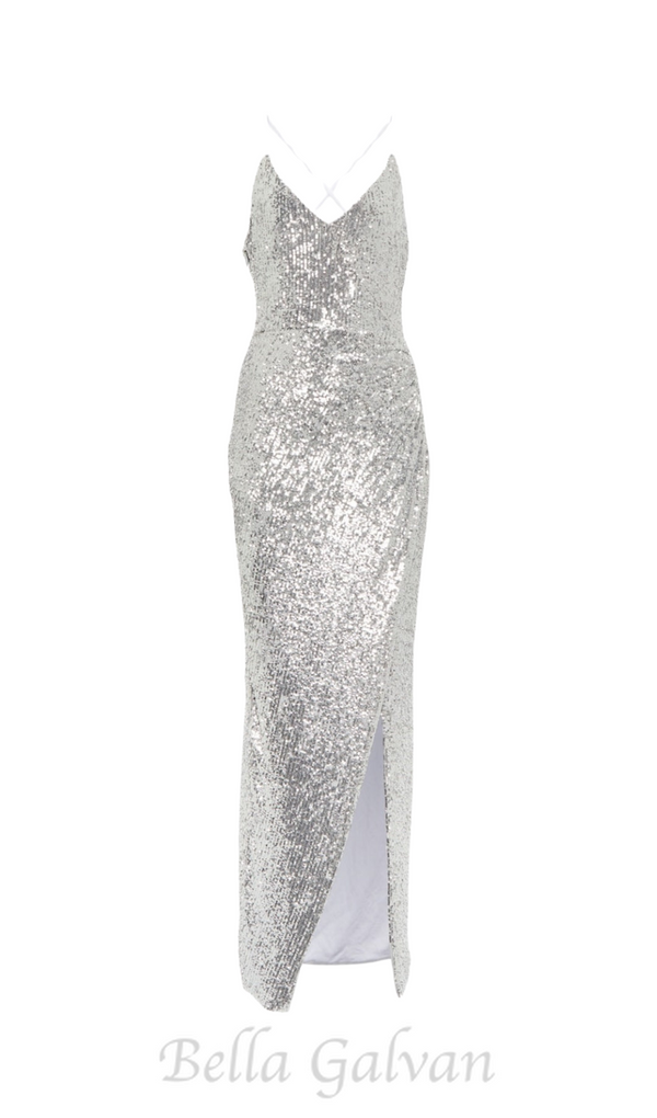 Sequin strap midi dress in silver