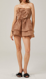 ALISA FLOWER TULLE STRAPLESS MINI DRESS IN BROWN