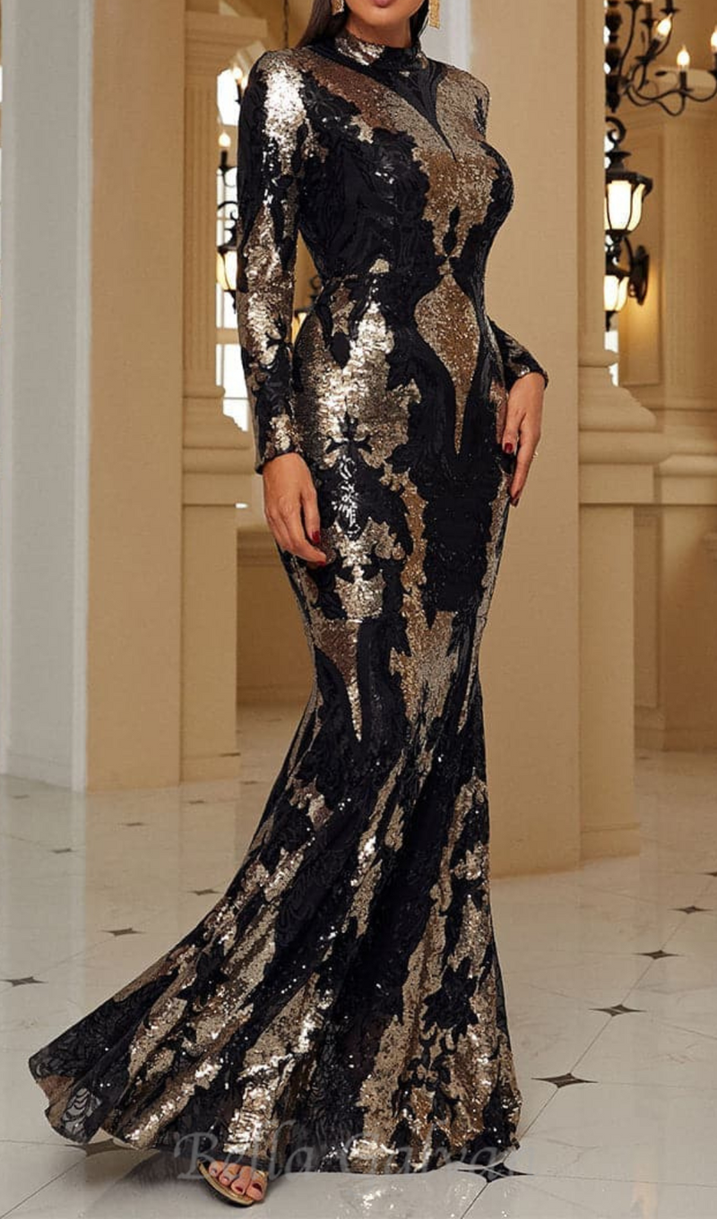 Sequin Long Sleeve bodycon Maxi Dress in black