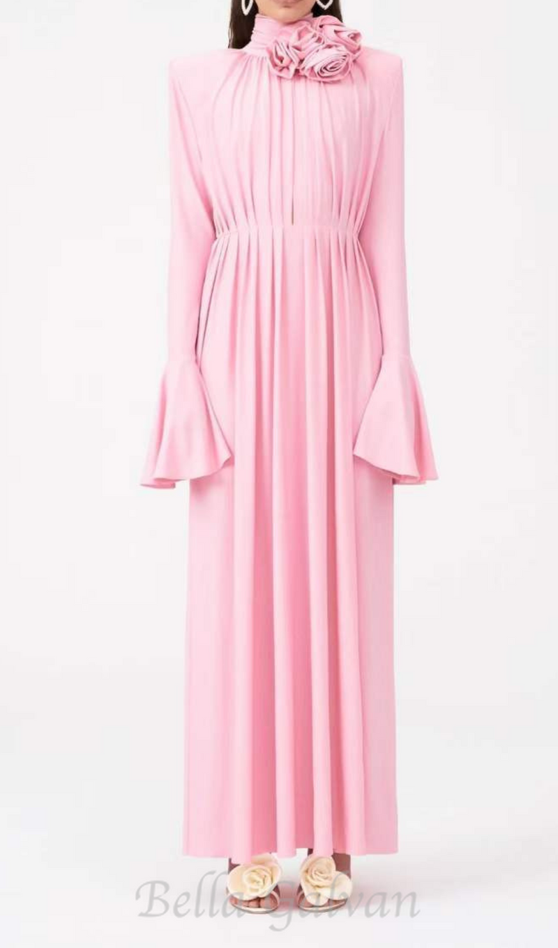 ERIN LANTERN SLEEVE HIGH COLLAR FLOWER SLIT MIDI DRESS IN PINK