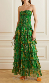 STRAPLESS LAYERED BANDEAU FLORAL PRINT MAXI DRESS IN GREEN